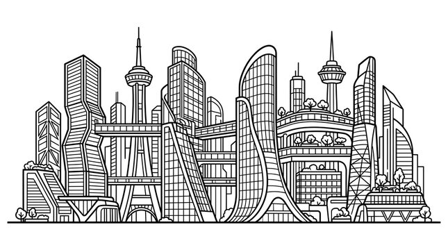 Futuristic city skyline line art, modern metropolis architectural sketch, urban landscape with futuristic skyscrapers and towers