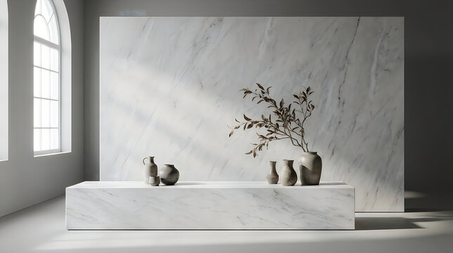 Minimalist white marble room interior with pedestal shelf and decorative vases with branches