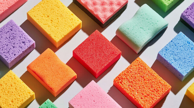 Colorful Sponges: A vibrant collection of multi-colored kitchen sponges arranged in a visually appealing pattern, showcasing a variety of textures and shades.