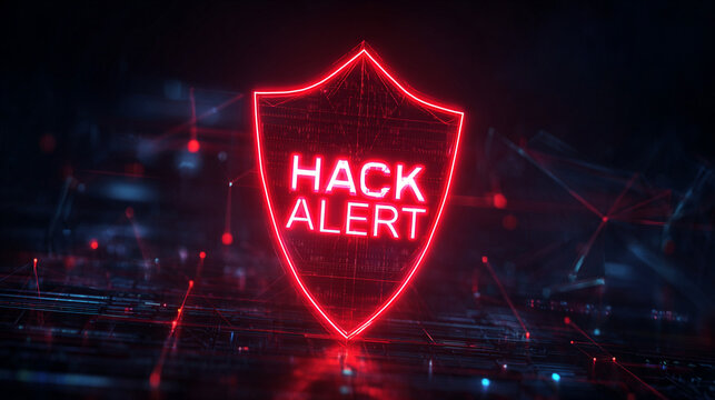 Glowing red digital shield displaying hack alert text with intricate neon lines and sharp cinematic focus