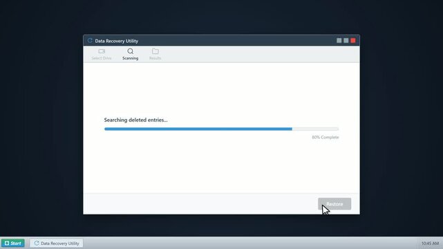 Data recovery utility software scanning and restoring deleted files. 4K Video