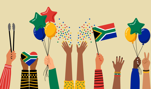 South African Heritage Day celebration with diverse hands, flags, confetti and barbecue tongs for a holiday in community unity. Group of people at Braai Day party for freedom, Africa culture and pride