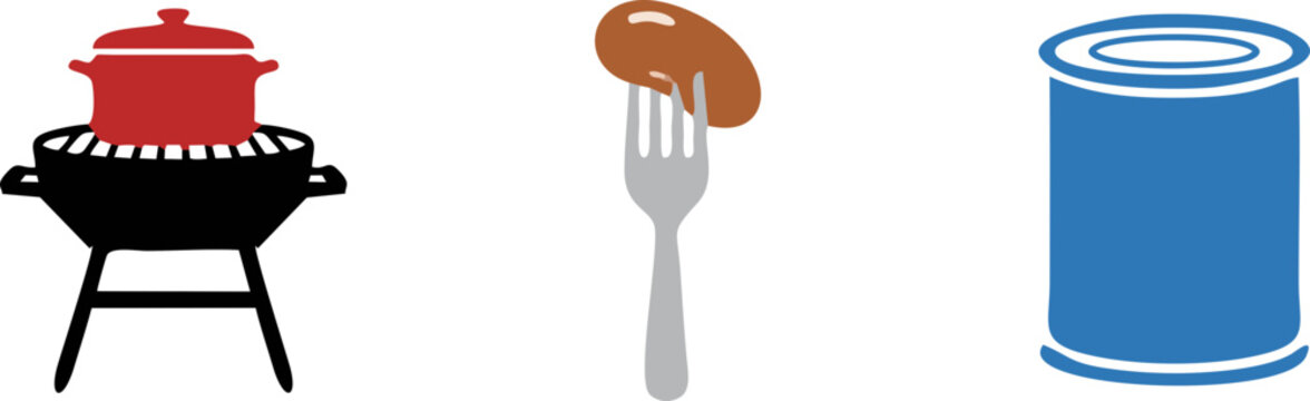 Baked beans vector set with a red cooking pot on a charcoal grill, a bean on a silver fork, and a blue food storage tin can illustration