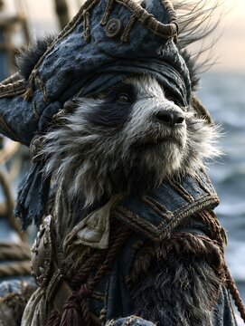 Anthropomorphic Raccoon Pirate Captain Wearing Blue Tricorn Hat and Vintage Naval Costume
