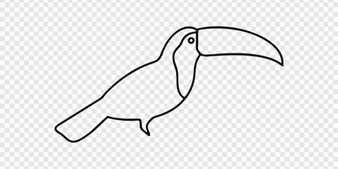 Naklejka premium Simple black and white line art illustration of a tropical toucan bird with a large beak standing in profile view for coloring pages and creative nature designs