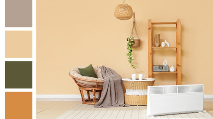 Cozy home interior with modern electric heater, comfortable living space and warm atmosphere for winter comfort