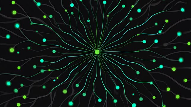 Glowing green dots connected by wavy lines radiating from center, abstract neural network and artificial intelligence concept