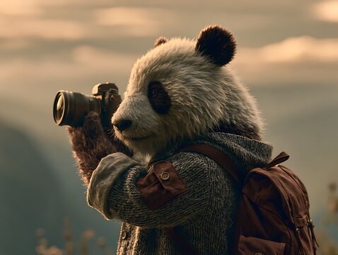 Anthropomorphic Panda Photographer with Camera and Backpack in Mountain Landscape