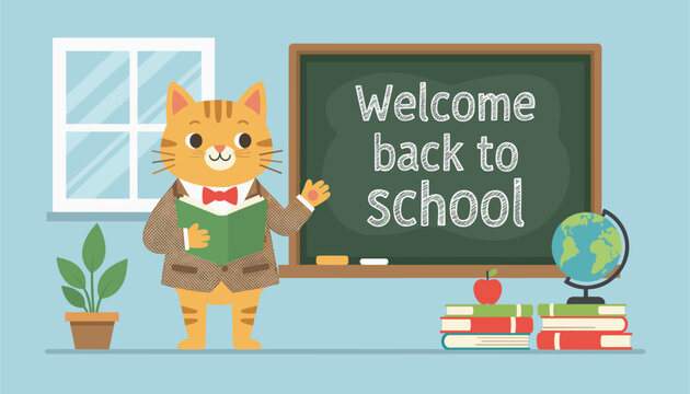 Cute cartoon cat teacher holding a book stands by a blackboard displaying a welcome back to school message.