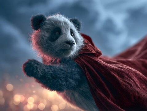Cute Panda Wearing Red Super Hero Cape Floating in Dramatic Cloudy Sky
