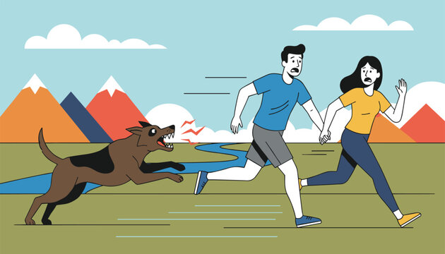Angry dog aggressively chases a terrified young couple running away in fear through a mountain and river valley.