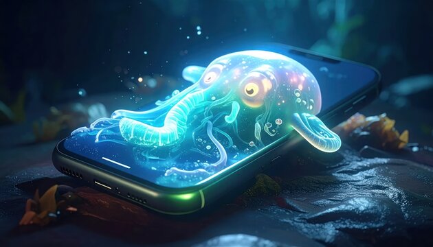 Bioluminescent octopus monster glowing from a smartphone screen.