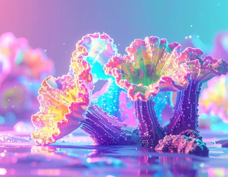 Bioluminescent neon mushrooms in magical fantasy forest.