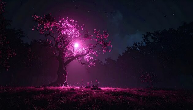 Bioluminescent pink tree shining in a dark nocturnal forest