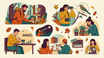 Fototapeta premium Autumn Hobbies Collection People Enjoying Nature Crafts and Wellness Vector