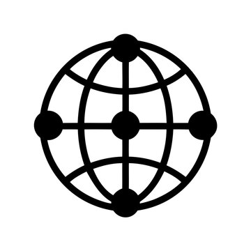 Minimal globe with connected dots icon - Simple black and white vector icon of a globe with six connected dots representing network or world connection.