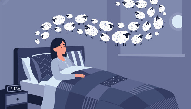 Woman sleeps soundly in her bed while counting sheep flying from the window to help her fall asleep at night.