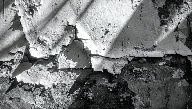 Black and white macro texture of peeling wall paint.
