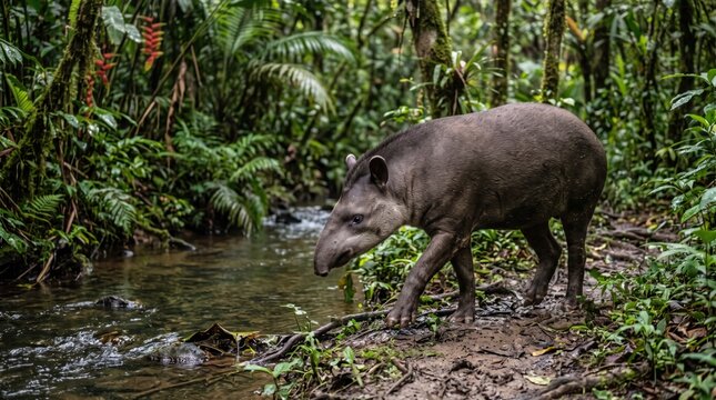 Wild tapir walking in the deep green jungle