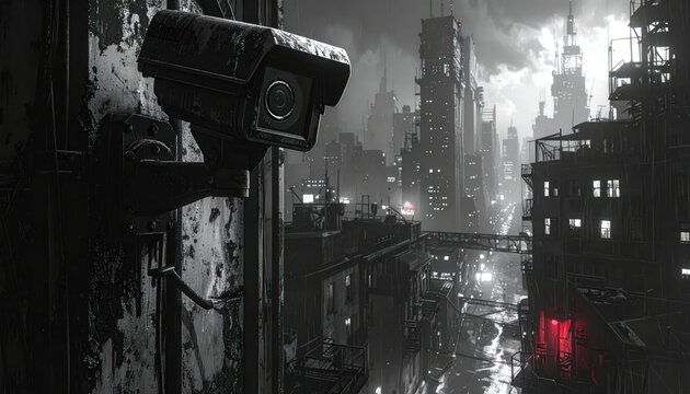 Black and white surveillance camera over city.
