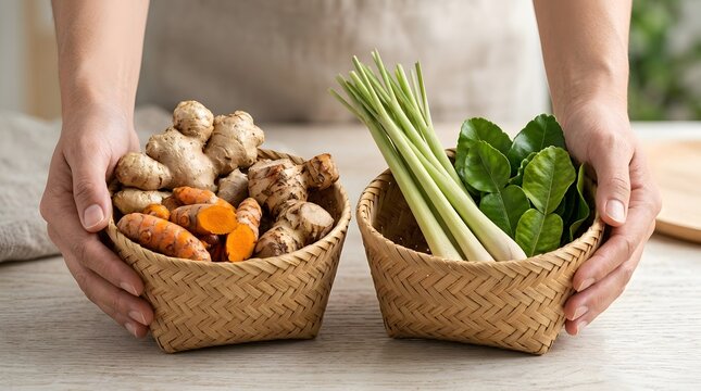Hands Holding Woven Baskets With Fresh Thai Herbs And Spices.