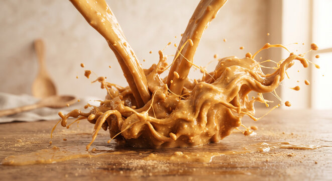 Dramatic low-angle shot of a thick peanut butter drizzle and splash, golden-brown creamy streams colliding to form a soft, organic wave pattern, set against a warm, softly lit minimalist backdrop.