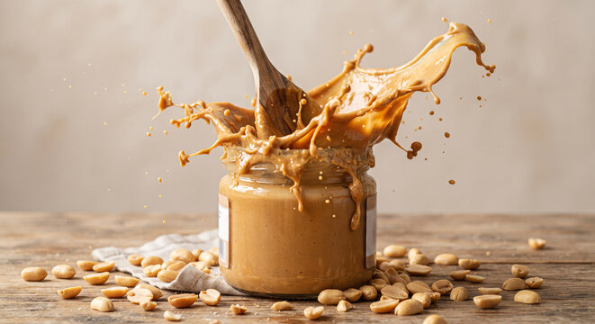 Playful high-speed shot of a wooden spoon plunging into a jar of smooth peanut butter, sending a dynamic wave of thick, creamy butter splashing outward, 