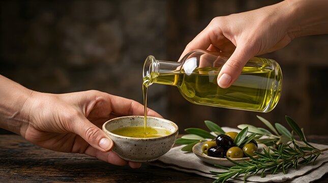 Person pouring extra virgin olive oil from a glass bottle into a small ceramic bowl.
