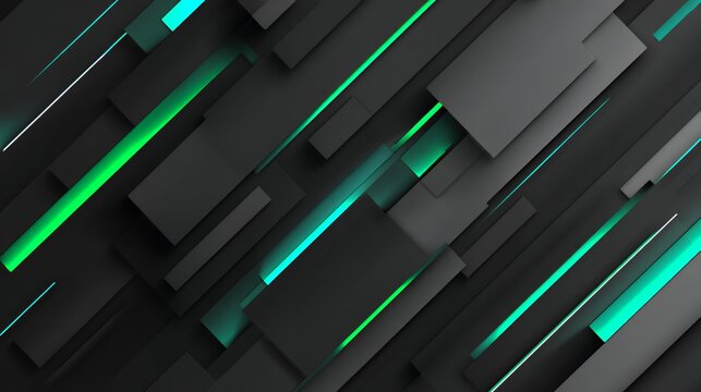 Modern abstract dark geometric background featuring diagonal overlapping black rectangles and glowing neon green light rays