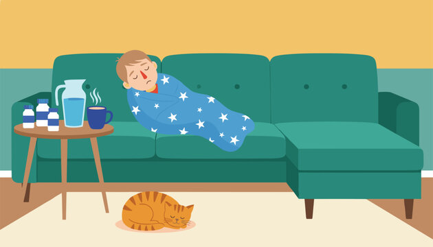 Ill boy wrapped in a starry blanket resting on a green sofa, with medicine on a table and a sleeping cat on the floor.