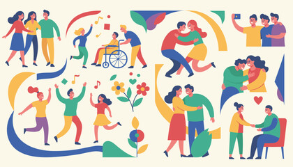 Fototapeta premium Diverse collection of happy people dancing, hugging, taking selfies, and celebrating friendship in a colorful graphic design.