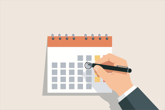 Hand with pen marking important date on spiral desk calendar. Vector illustration for schedule planning, event reminder, and deadline.