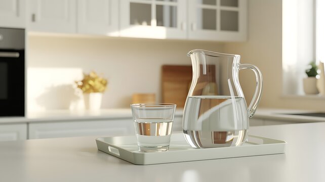 A Clear Glass Pitcher and Water Glass Set on a Kitchen Counter Tray