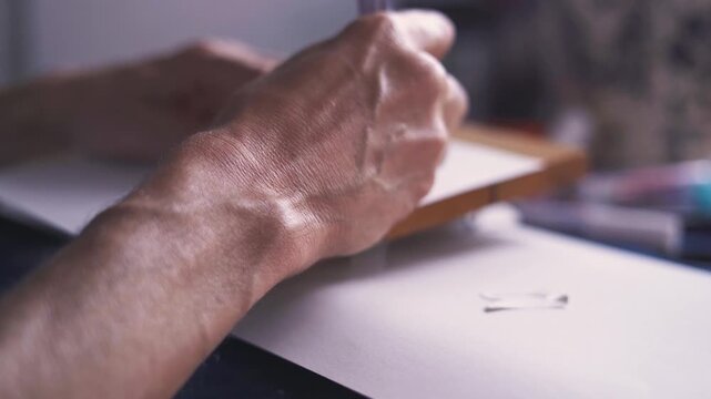 Close up of artist hands holding marker and drawing on paper with wooden board.