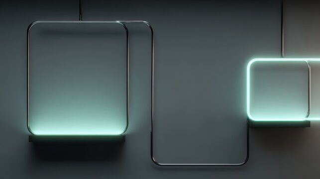 Futuristic abstract interior background featuring minimalist glowing green neon square frames over a dark grey modern wall