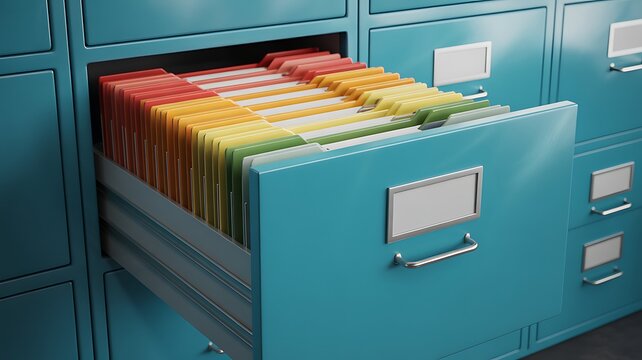 A close-up photograph of an open turquoise metal filing cabinet drawer containing organized colorful hanging document folders