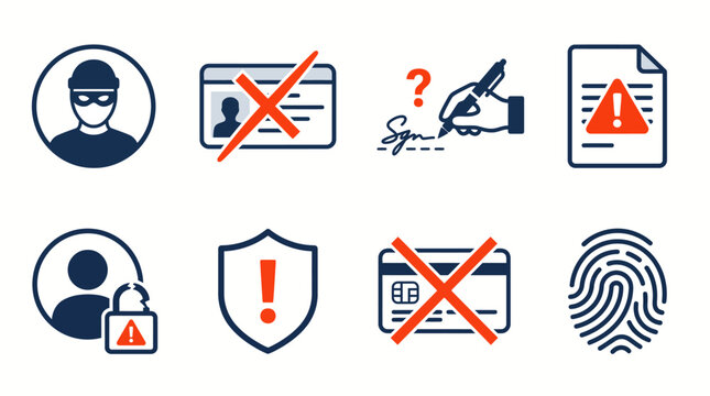 Comprehensive icon set illustrating digital security threats, fraud warnings, and identity protection measures
