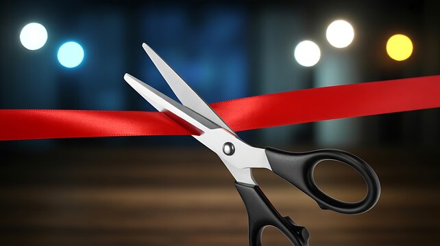 A close-up photograph of sharp scissors cutting a vibrant red ceremonial ribbon during a grand opening event