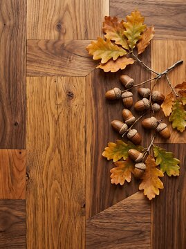 Autumn Oak Leaves and Acorns on Wooden Surface.