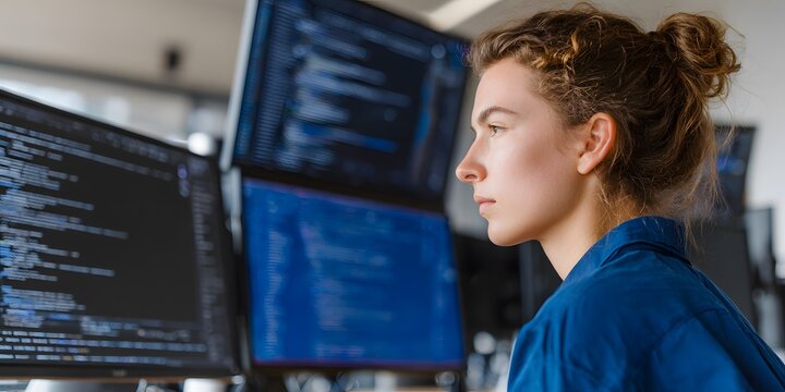 Focused young woman with curly hair intently reviewing lines of code across multiple computer monitors in a dark workspace.