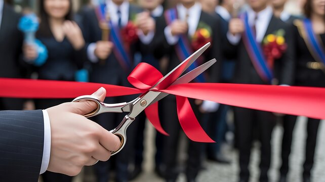 Professional Hand Cutting Red Ribbon During Grand Opening Ceremony Event Celebration