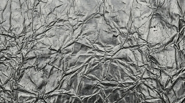 A detailed close up view of intensely wrinkled and crumpled aluminum foil displaying a highly textured silver surface ideal for graphic design