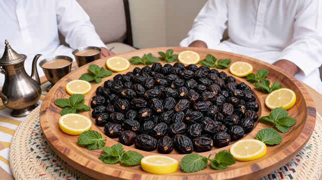 Large wooden platter of fresh dates garnished with lemon slices and mint, served with Arabic coffee in traditional metal dallah and cups by two men in white thobes