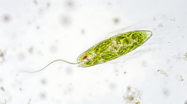 A highly magnified microscopic image showcases a single vibrant green euglena algae gracefully swimming within a pristine and transparent water based environment