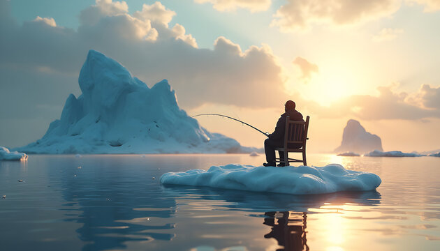 Fisherman fishing on ice floe with dramatic iceberg in arctic ocean at golden hour