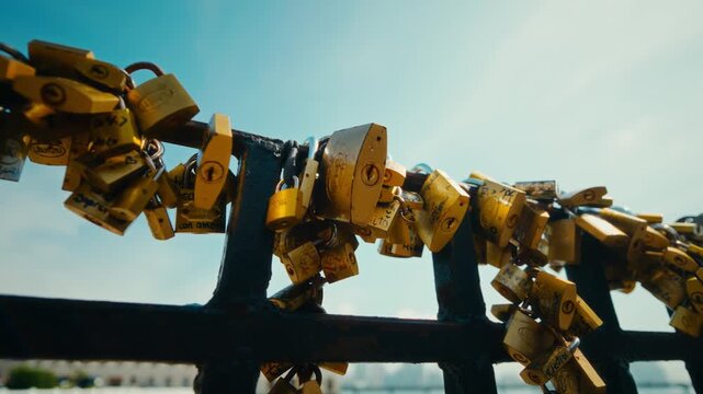 Golden love locks hang on a black bridge railing. Sunlight glints off the metal surfaces. The clear blue sky provides a vibrant backdrop. Hundreds of locks cover the railing in a wider view