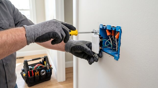 Professional electrician installing residential light switch using screwdriver and wearing protective gloves with tool bag in background during home project