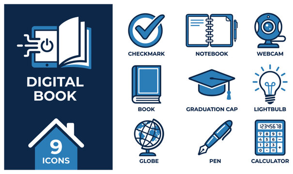 Digital book icons with blue education and learning elements for school and study purposes.