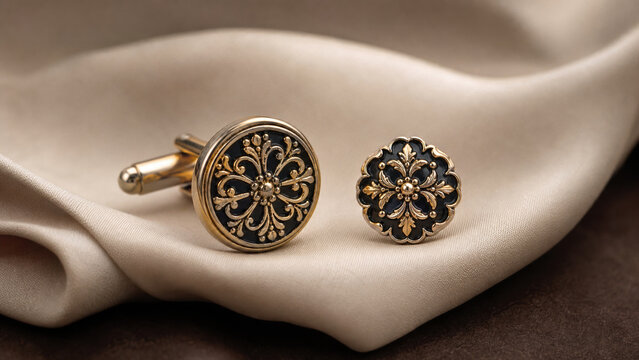 Gold ornate cufflinks on silk fabric