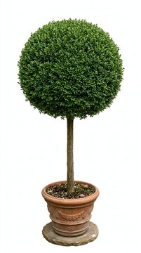 Elegant formal garden topiary tree in terracotta pot on stone pedestal, classical landscaping design